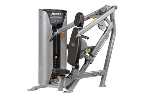 Hoist Chest/Shoulder Press Machine with silver frame, black seat and backrest, dual-axis lever arms with yellow accents on wh