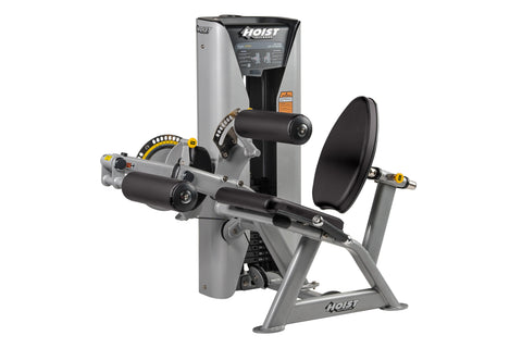 Hoist Dual Series silver and black leg extension and leg curl machine with yellow handles on white background