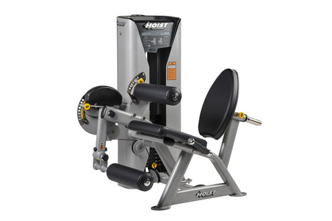 Hoist Dual Series silver and black leg extension and leg curl machine with yellow handles on white background