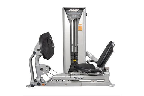 Hoist Leg Press/Calf Raise machine with silver frame, black padded seat and footrest, dual leg platforms, and control panel o
