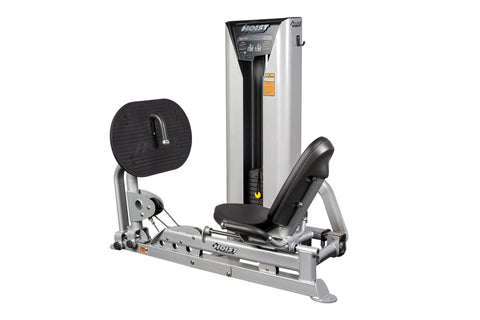 Hoist Leg Press/Calf Raise machine with silver frame, black padded seat and footrest, dual leg platforms, and control panel o