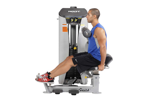 Hoist Ab Crunch/Low Back exercise machine with gray frame, black padded seat and handles, weight stack on white background
