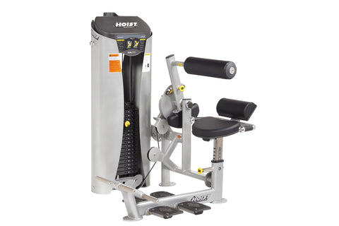 Hoist Ab Crunch/Low Back exercise machine with gray frame, black padded seat and handles, weight stack on white background