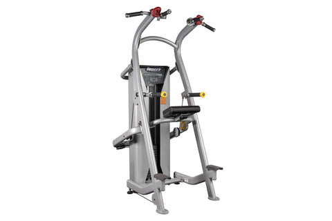 Hoist Chin/Dip Assist machine with gray frame, red handles, and yellow adjustment knobs on white background