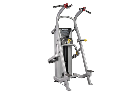 Hoist Chin/Dip Assist machine with gray frame, red handles, and yellow adjustment knobs on white background
