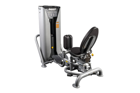 Hoist Inner/Outer Thigh HD-3800 machine with silver and black frame, black padded seat, and leg press attachment on white bac