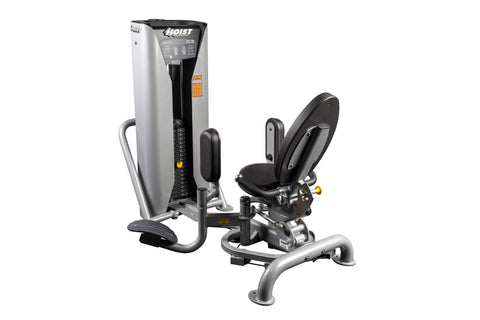 Hoist Inner/Outer Thigh HD-3800 machine with silver and black frame, black padded seat, and leg press attachment on white bac