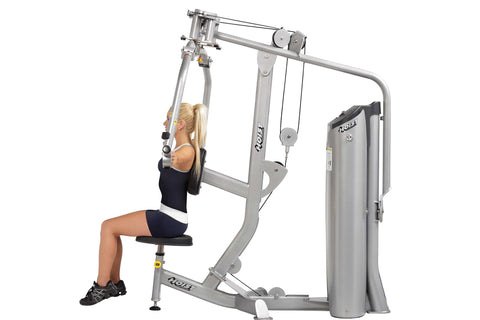 Silver and black Hoist chest press and rear deltoid strength training machine with padded seat and arm levers on white backgr