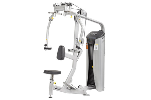 Silver and black Hoist chest press and rear deltoid strength training machine with padded seat and arm levers on white backgr