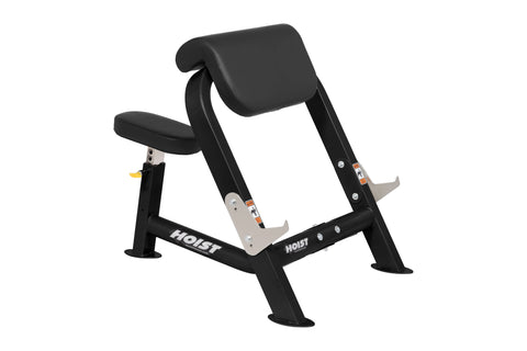 Hoist Preacher Curl weight bench with black padded seat and back support on white background