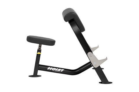 Hoist Preacher Curl weight bench with black padded seat and back support on white background