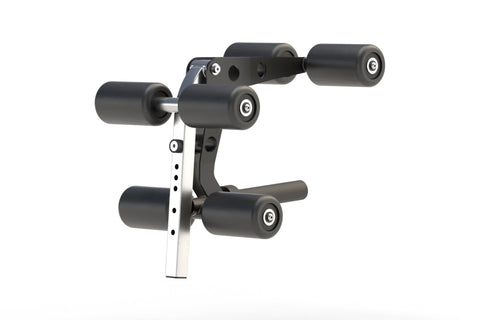 Black and gray leg extension and leg curl attachment with cylindrical rollers and white mounting post, on white background