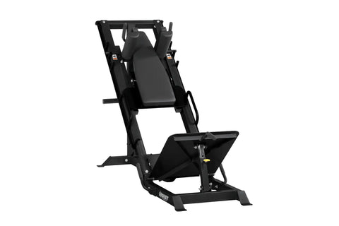 Black Hoist leg press and hack squat combination machine with padded seat, foot platform, and vertical frame on white backgro