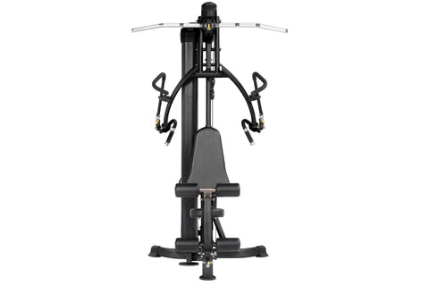 Black and gray home gym machine with drop handles, silver handlebar, and footrest on white background, front view