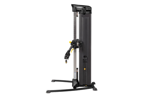 Black Hoist Mi5 functional trainer with dual adjustable pulleys, digital display, and TRX-style suspension straps on white ba