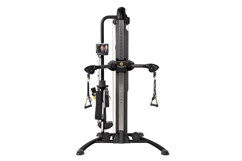 Black Hoist Mi5 functional trainer with dual adjustable pulleys, digital display, and TRX-style suspension straps on white ba