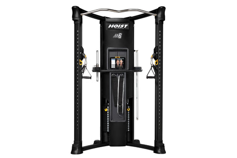 Hoist Mi6 functional trainer with black frame, dual cable towers, silver curved top bar, and yellow accents on white backgrou