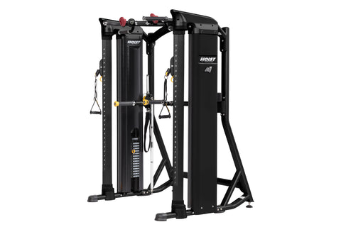Hoist Mi7 black functional training system with yellow accents and red adjustment handles, on white background