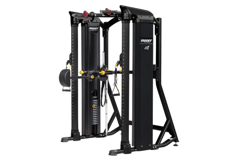 Hoist Mi7 black functional training system with yellow accents and red adjustment handles, on white background