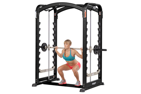 Black Hoist Smith Machine with dual squat stations, horizontal barbell, and adjustable weight pegs on white background