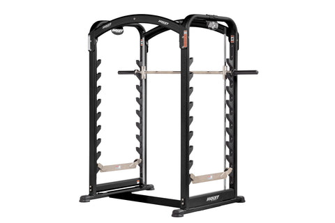 Black Hoist Smith Machine with dual squat stations, horizontal barbell, and adjustable weight pegs on white background