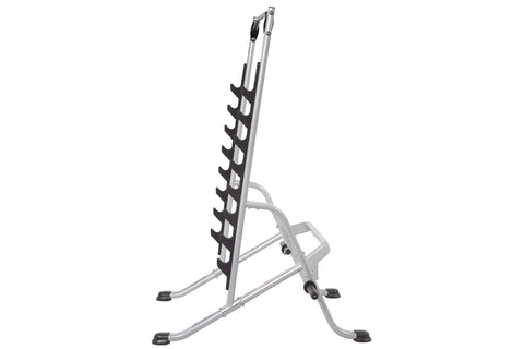 Hoist Multi-Purpose Squat Rack with silver frame, black curved bar, dual weight plate storage pegs, and optional safety tiers