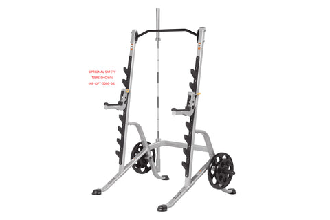 Hoist Multi-Purpose Squat Rack with silver frame, black curved bar, dual weight plate storage pegs, and optional safety tiers