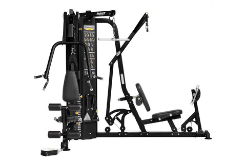 Black multi-station gym equipment with two exercisers demonstrating different exercises on white background