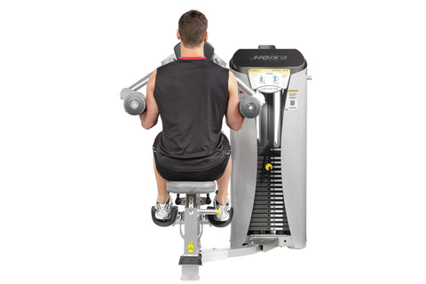 Hoist ROC-IT Lateral Raise Machine with silver frame, black seat, dual black cylinders, and orange accents on white backgroun