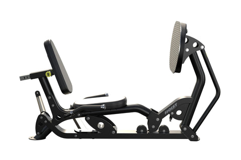 Hoist ROC-IT Ride Leg Press machine with black frame, gray padded seat and backrest, foot pedals, and circular resistance whe