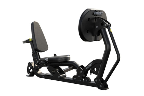 Hoist ROC-IT Ride Leg Press machine with black frame, gray padded seat and backrest, foot pedals, and circular resistance whe