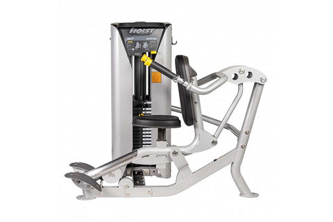 Hoist ROC-IT seated dip machine with silver steel frame, black padded seat and handles, yellow adjustment levers, on white ba
