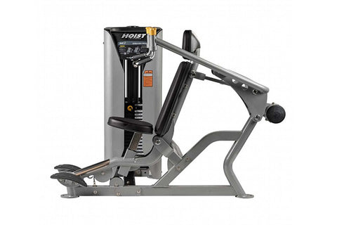 Hoist ROC-IT shoulder press machine with gray and black frame, black padded seat and backrest, dual yellow handles, on white 