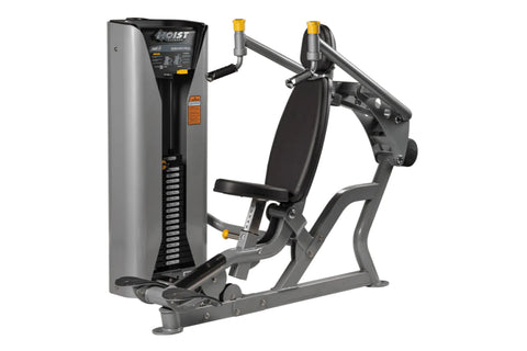 Hoist ROC-IT shoulder press machine with gray and black frame, black padded seat and backrest, dual yellow handles, on white 