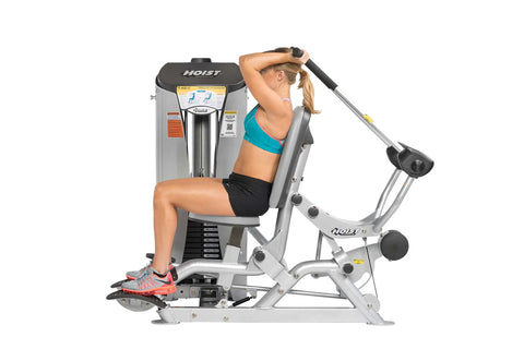 Hoist ROC-IT Triceps Extension Machine with silver frame, black padded seat and backrest, dual handles, and black foot platfo