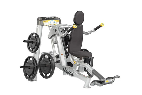 Hoist ROC-IT Seated Dip machine with silver frame, black padded seat, weight plates, and dual handles on white background
