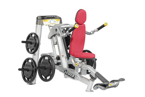 Hoist ROC-IT Seated Dip machine with silver frame, black padded seat, weight plates, and dual handles on white background