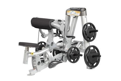 Hoist ROC-IT silver and black plate-loaded biceps curl machine with black padded seat and arm rest on white background