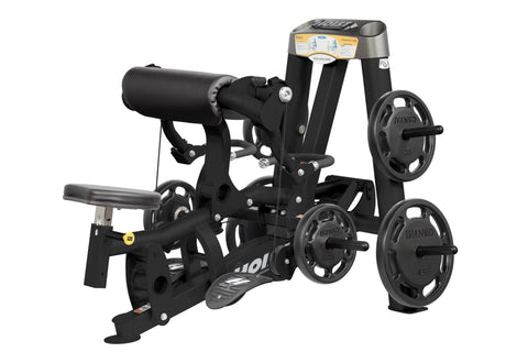 Hoist ROC-IT silver and black plate-loaded biceps curl machine with black padded seat and arm rest on white background