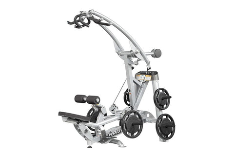 Hoist ROC-IT silver and black lat pulldown machine with weight plates, foot pedal, and handlebar attachment on white backgrou