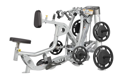 Hoist ROC-IT Seated Mid Row machine with silver frame, black padded seat and footrest, black weight plates, and adjustment ha