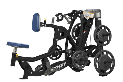 Hoist ROC-IT Seated Mid Row machine with silver frame, black padded seat and footrest, black weight plates, and adjustment ha