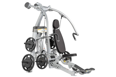 Hoist ROC-IT Chest Press Machine with silver frame, black padded seat and backrest, weight plates, and overhead pull-down bar