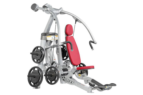 Hoist ROC-IT Chest Press Machine with silver frame, black padded seat and backrest, weight plates, and overhead pull-down bar