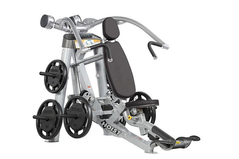 Hoist ROC-IT Incline Chest Press Machine with silver frame, black padded seat and backrest, dual weight plate pegs, and adjus