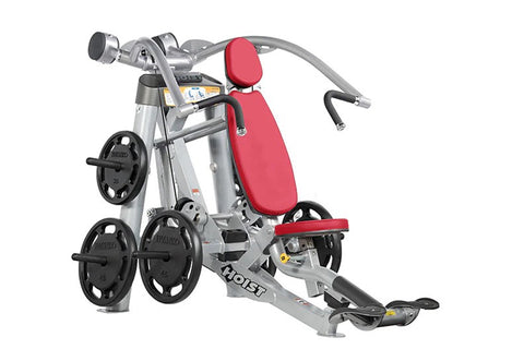 Hoist ROC-IT Incline Chest Press Machine with silver frame, black padded seat and backrest, dual weight plate pegs, and adjus