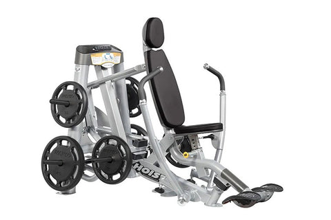 Hoist ROC-IT silver and black decline chest press machine with padded seat, backrest, black weight plates, and footrest on wh