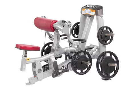 Hoist ROC-IT silver and black decline chest press machine with padded seat, backrest, black weight plates, and footrest on wh