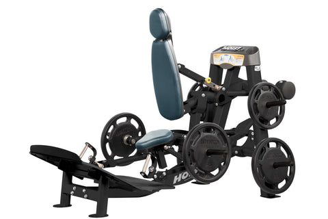 Hoist ROC-IT hack squat and leg press machine with silver frame, black padded seat and backrest, and black weight plate pegs 