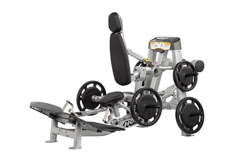 Hoist ROC-IT hack squat and leg press machine with silver frame, black padded seat and backrest, and black weight plate pegs 